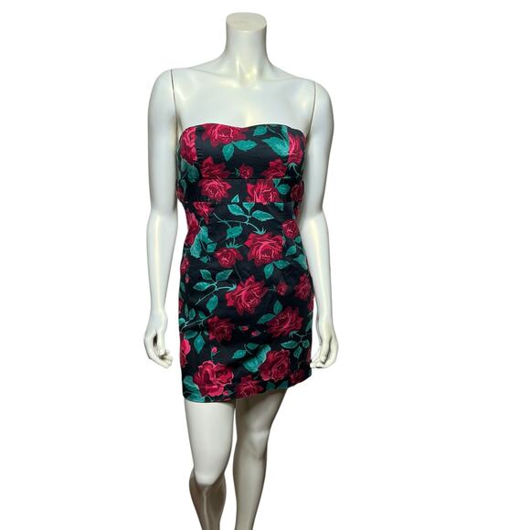 Vintage 90s Strapless Mini Dress Size L/10 - Vibrant Rose Floral Print Black - Picture 2 of 12